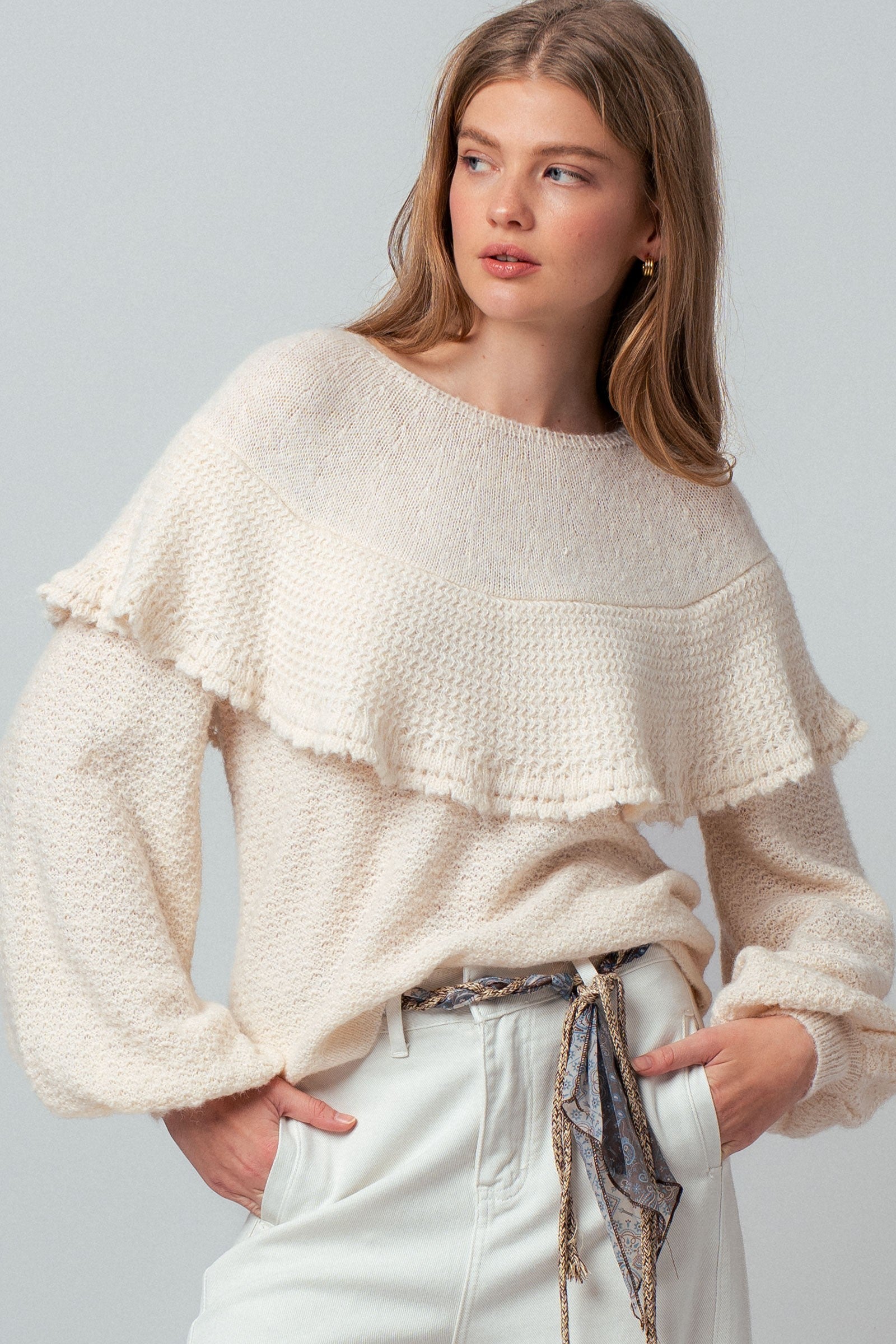 ruffle knit sweater, women’s knit sweater, lightweight sweater top, feminine sweater, everyday knit top, soft knit sweater, casual sweater women, long sleeve knit top, textured knit sweater, women’s sweaters