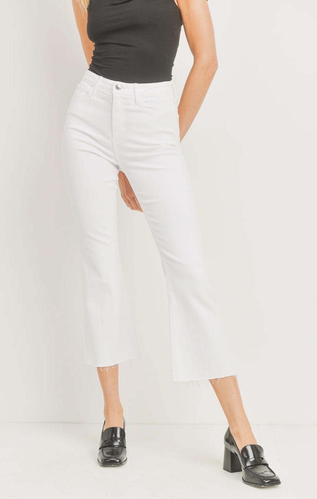JBD Tonal Crop Flare Jean Optic White. Slim from the hips to thighs with a gently flared leg and perfectly cropped to show off a chic pair of shoes. With just enough stretch for all-day comfort, this high rise jean will be a go-to.