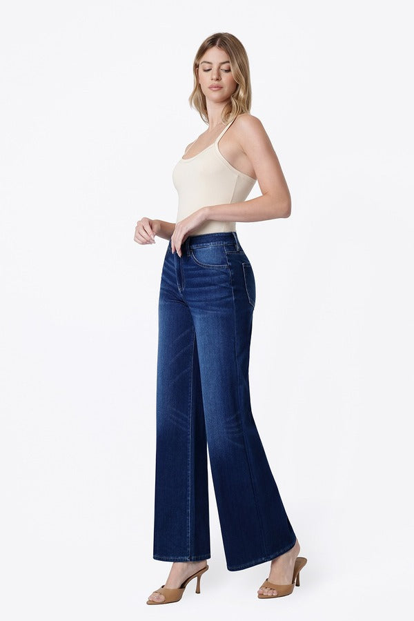 Flying Monkey High Rise 4 Way Stretch Wide Knit Denim in Abound, side three-quarter view