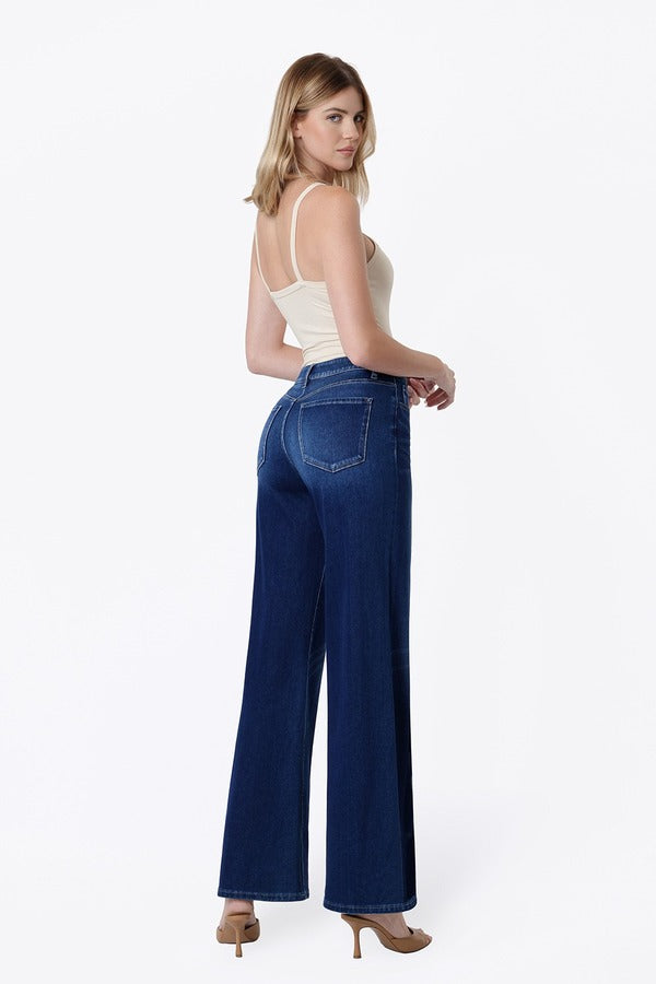 Flying Monkey High Rise 4 Way Stretch Wide Knit Denim in Abound, back three-quarter view