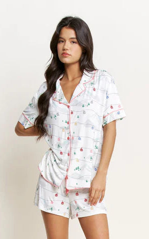 holiday short pajama set, gondola print pajamas, women’s christmas pj set, ivory holiday pajamas, festive short sleeve pajamas, button down pajama set women, cute holiday sleepwear, christmas loungewear set, lightweight pajama shorts set, women’s festive pajamas, boutique holiday sleep set, cozy christmas pajamas women, printed pajama short set, holiday lounge outfit, christmas morning pajamas