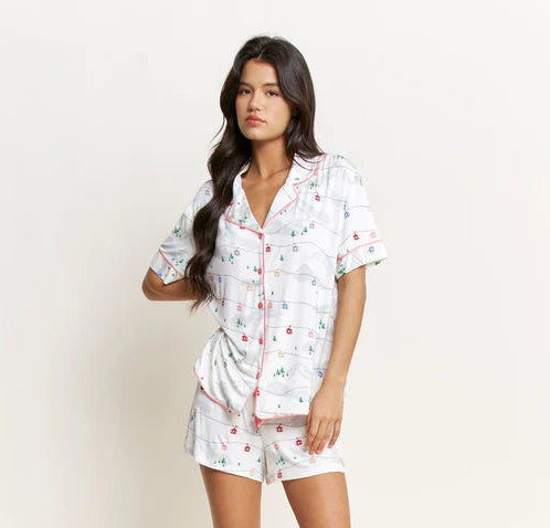 holiday short pajama set, gondola print pajamas, women’s christmas pj set, ivory holiday pajamas, festive short sleeve pajamas, button down pajama set women, cute holiday sleepwear, christmas loungewear set, lightweight pajama shorts set, women’s festive pajamas, boutique holiday sleep set, cozy christmas pajamas women, printed pajama short set, holiday lounge outfit, christmas morning pajamas