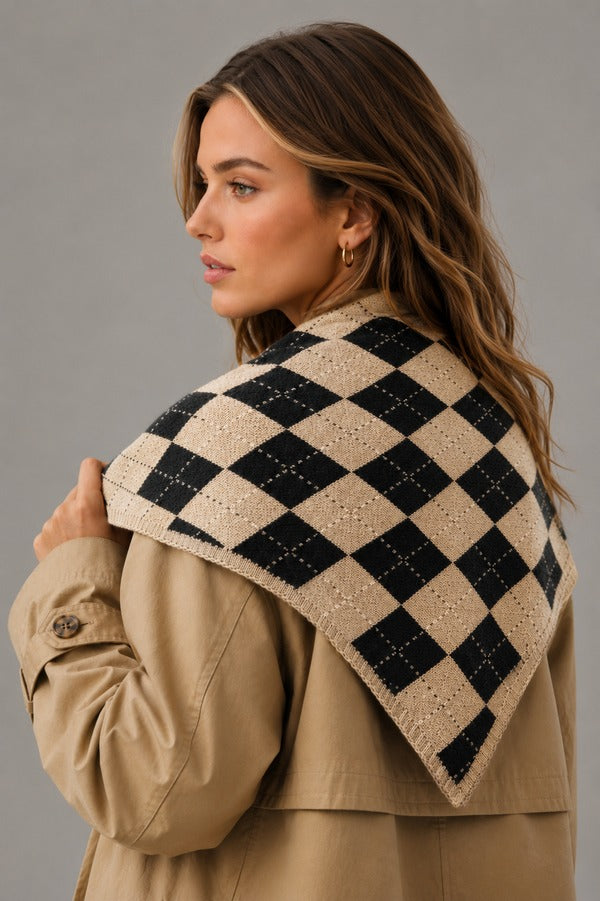 KW Fashion Argyle Triangle Scarf in Taupe, back view on model