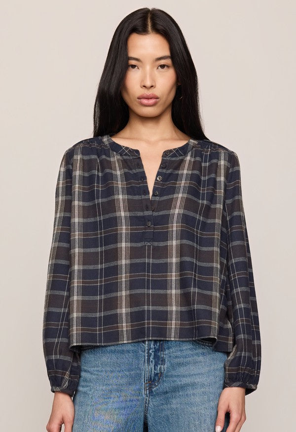 Z Supply Autumn Plaid Button Up Top in Eclipse, front view