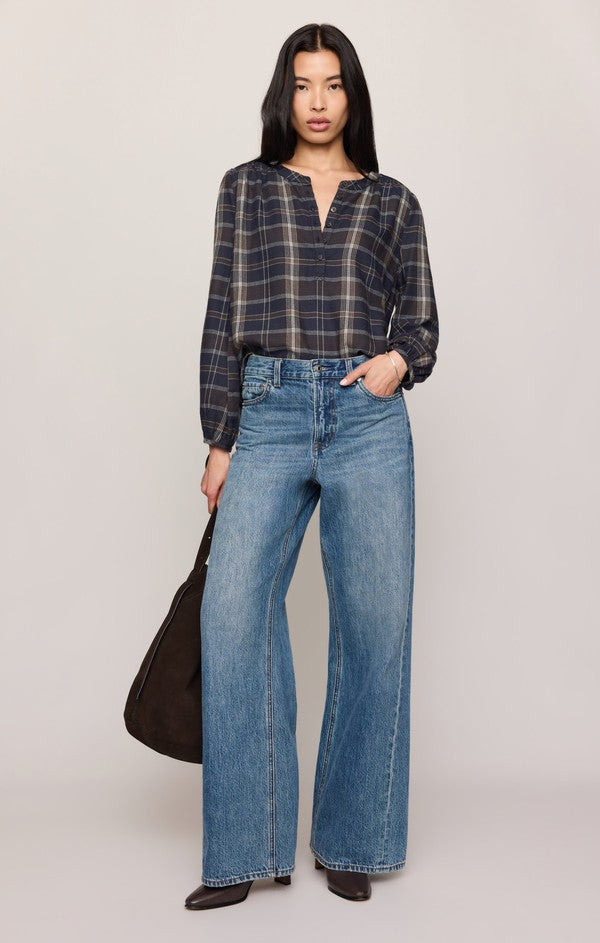 Z Supply Autumn Plaid Button Up Top in Eclipse, styled with wide-leg jeans, front view