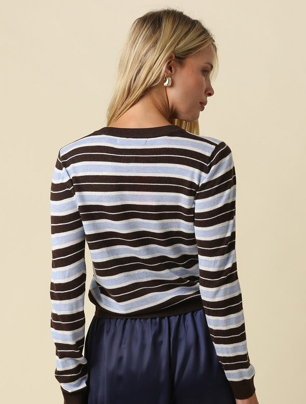 Olivaceous Stripe Button Up Sweater Cardigan in Coffee Lt Blue Ivory, back view
