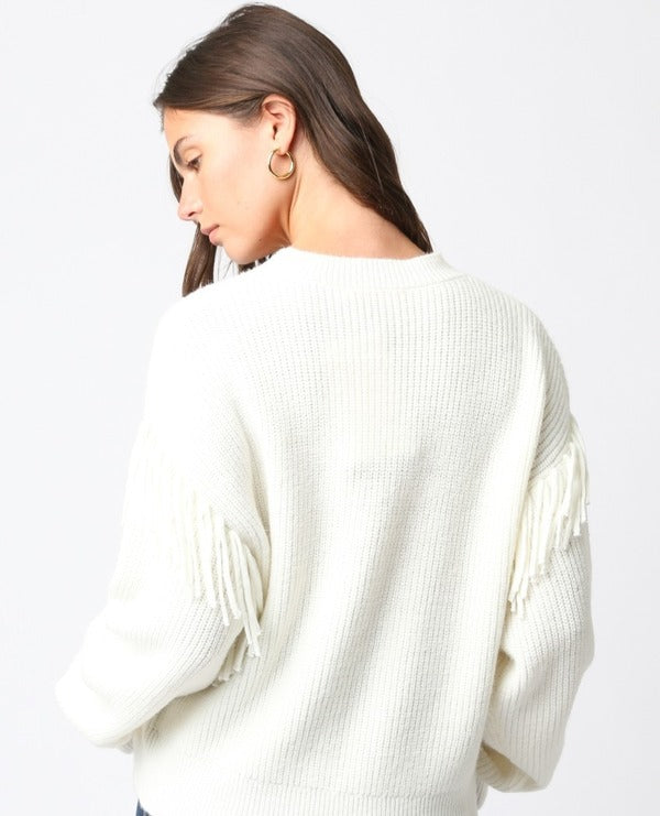 Olivaceous Fringe Detail Sweater in Cream, back view