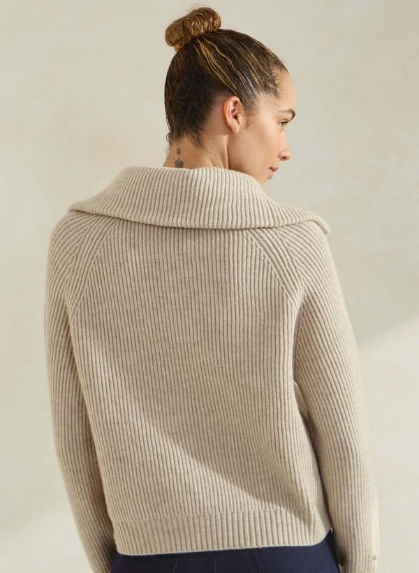 Yelete Luxe Funnel Neck Cardigan in Oat, back view