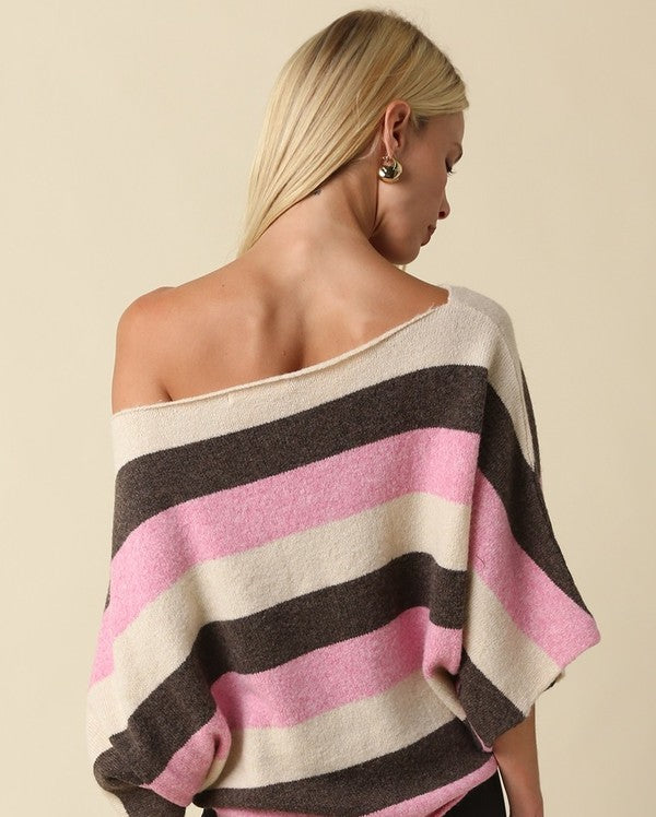 Olivaceous Bold Stripe Off Shoulder Sweater in Beige Coffee Pink, back view