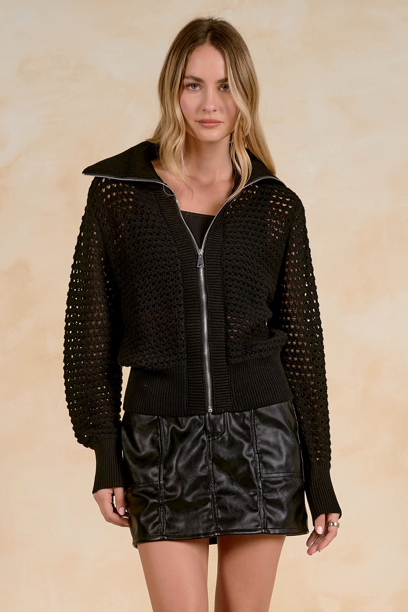 Alternate view of the Elan Zip-up Open Knit Cardigan in Stone.