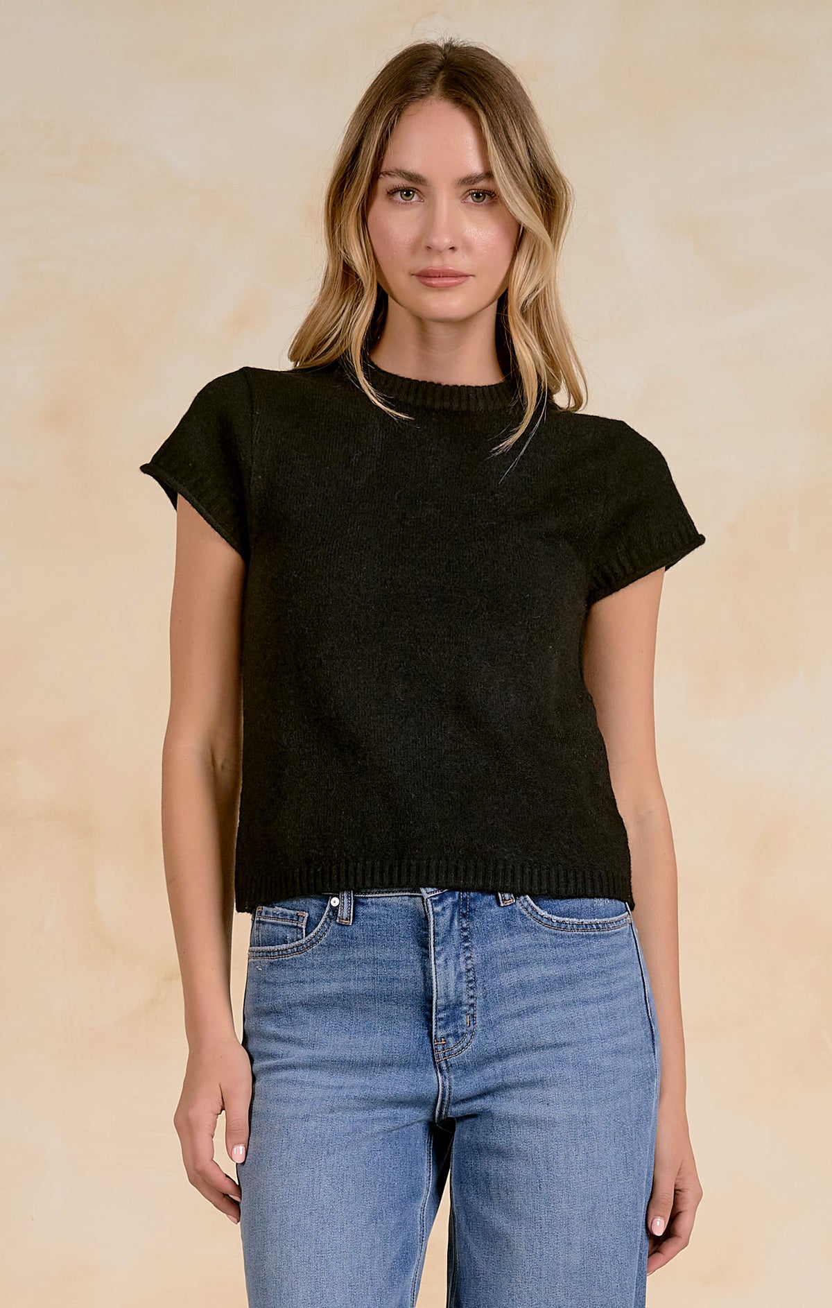 Alternate view of the Elan Short-sleeve Crew Neck Sweater Top in Stone.