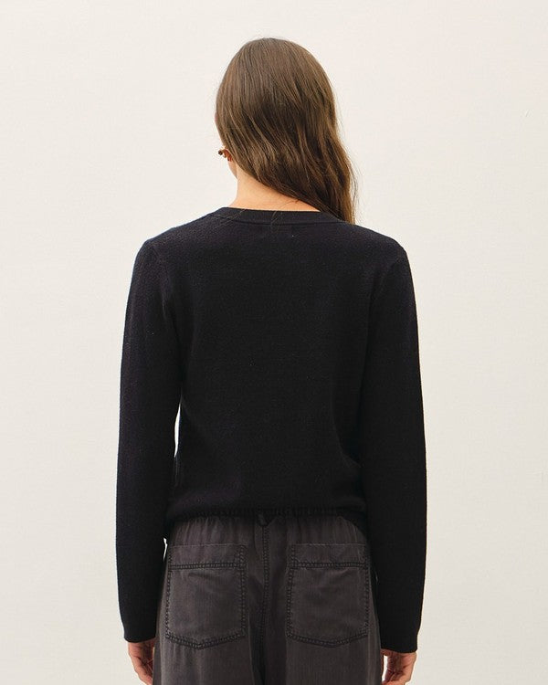 Be Cool Lightweight Crewneck Snap Button Cardigan with Pockets in Black, back view