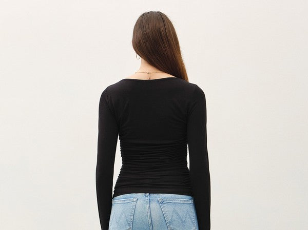 Be Cool Boat Neck Long Sleeve Side Ruched Knit Top in Black, back view
