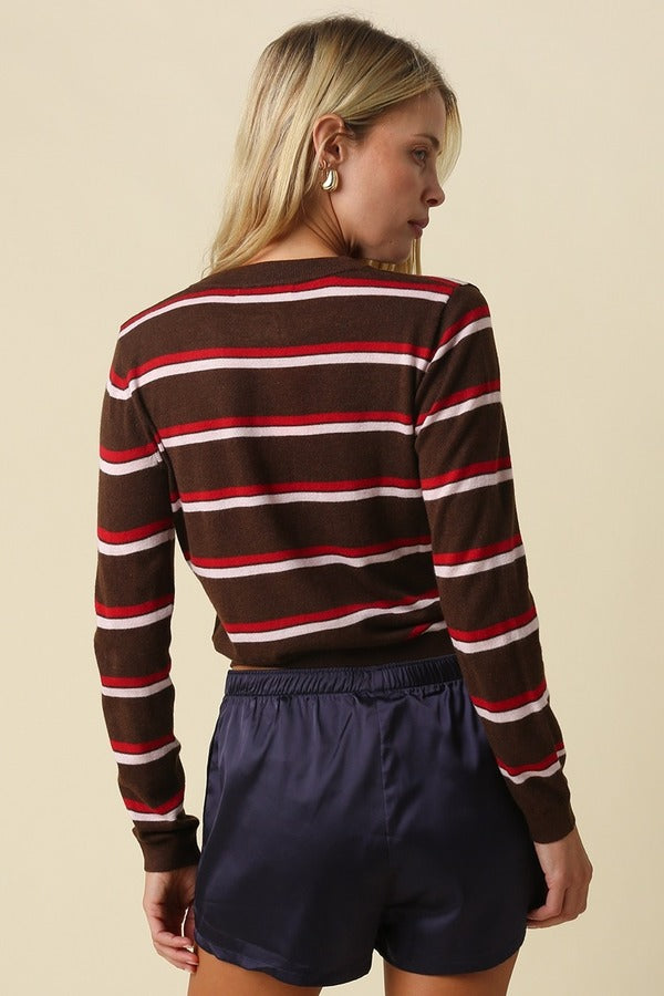 Olivaceous Stripe Button Up Sweater Cardigan in Brown Combo, back view