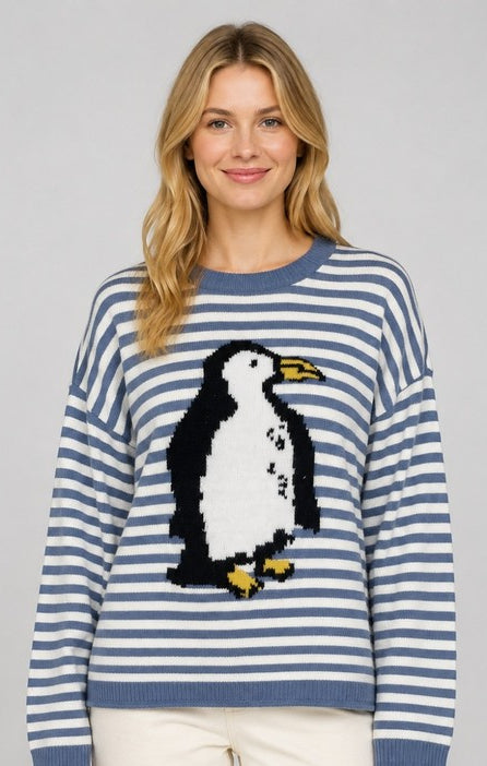 Dreamers Penguin Stripe Sweater in Blue, front view