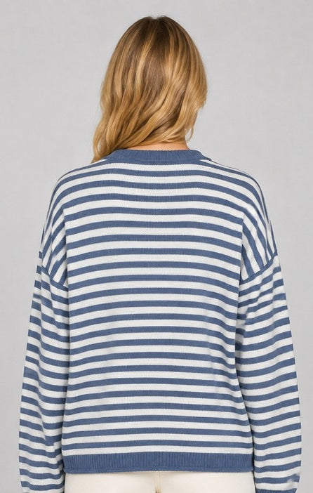 Dreamers Penguin Stripe Sweater in Blue, back view