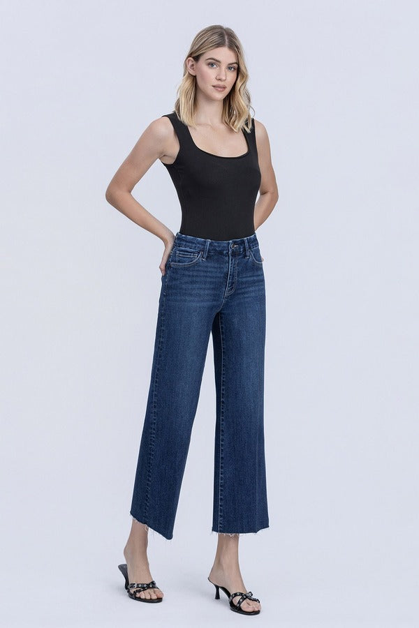 Flying Monkey High Rise Crease Line Trouser Wide Leg Jean in Caring, front three-quarter view