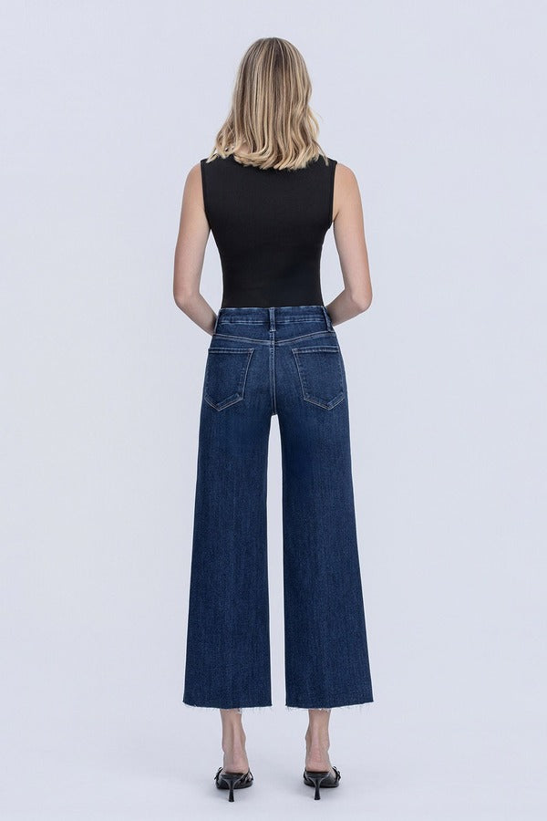 Flying Monkey High Rise Crease Line Trouser Wide Leg Jean in Caring, back view