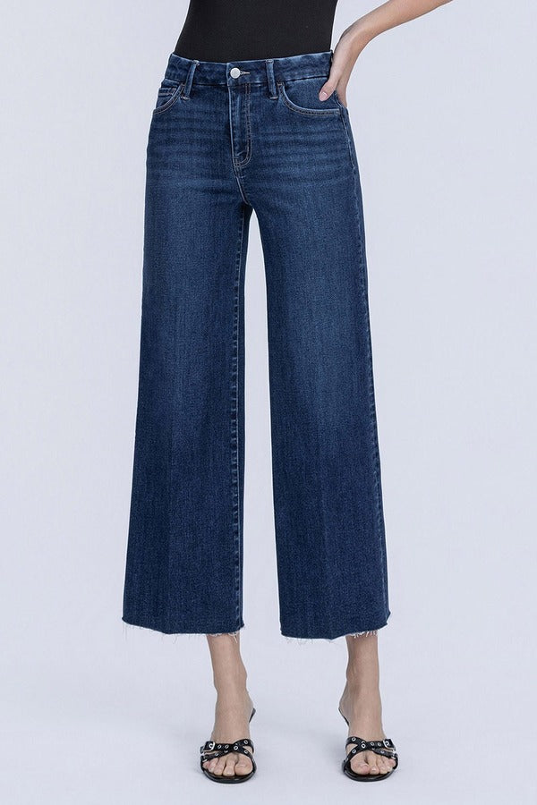 Flying Monkey High Rise Crease Line Trouser Wide Leg Jean in Caring, detail of waistband and front pockets