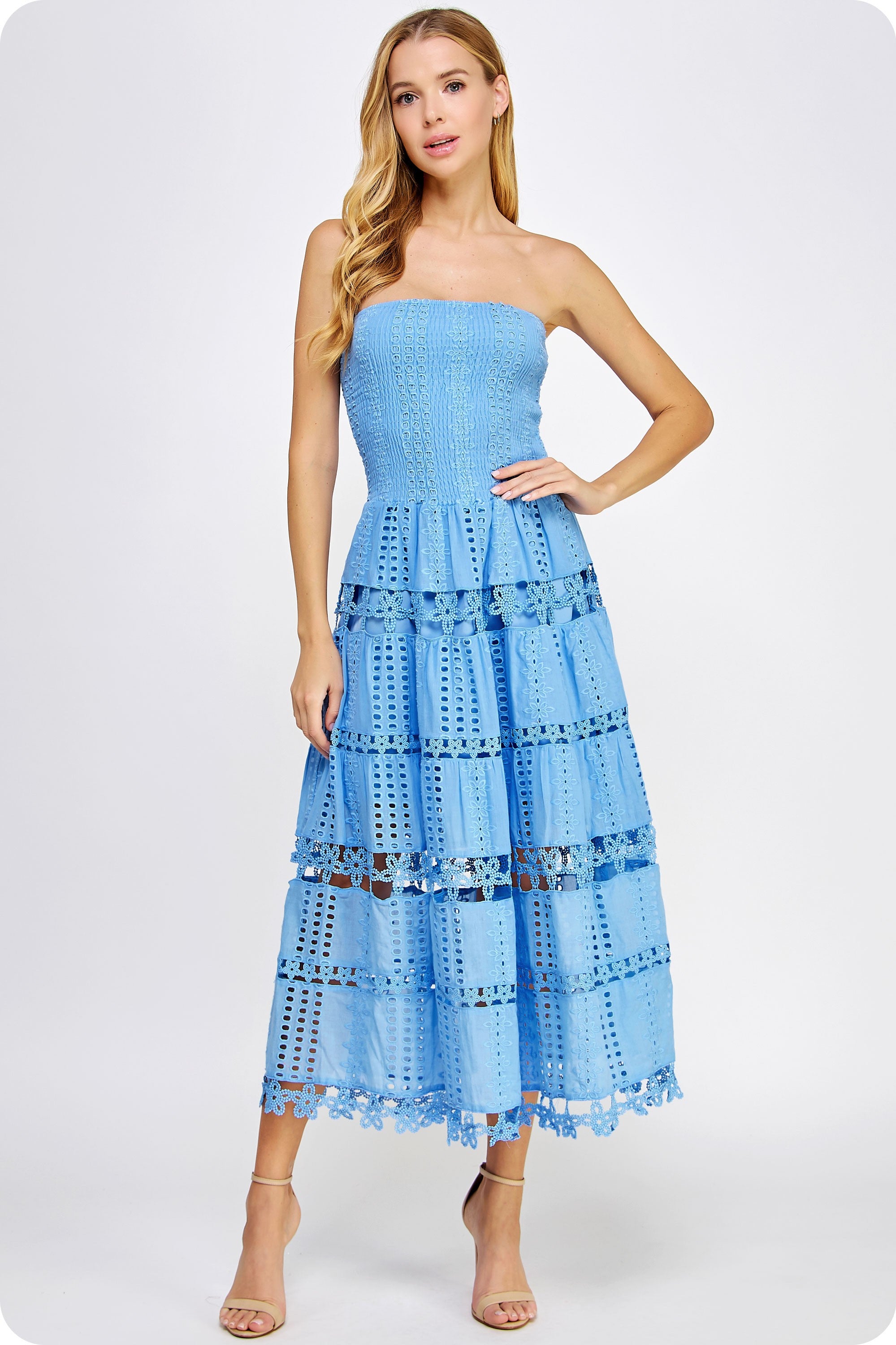 eyelet smocked tube dress