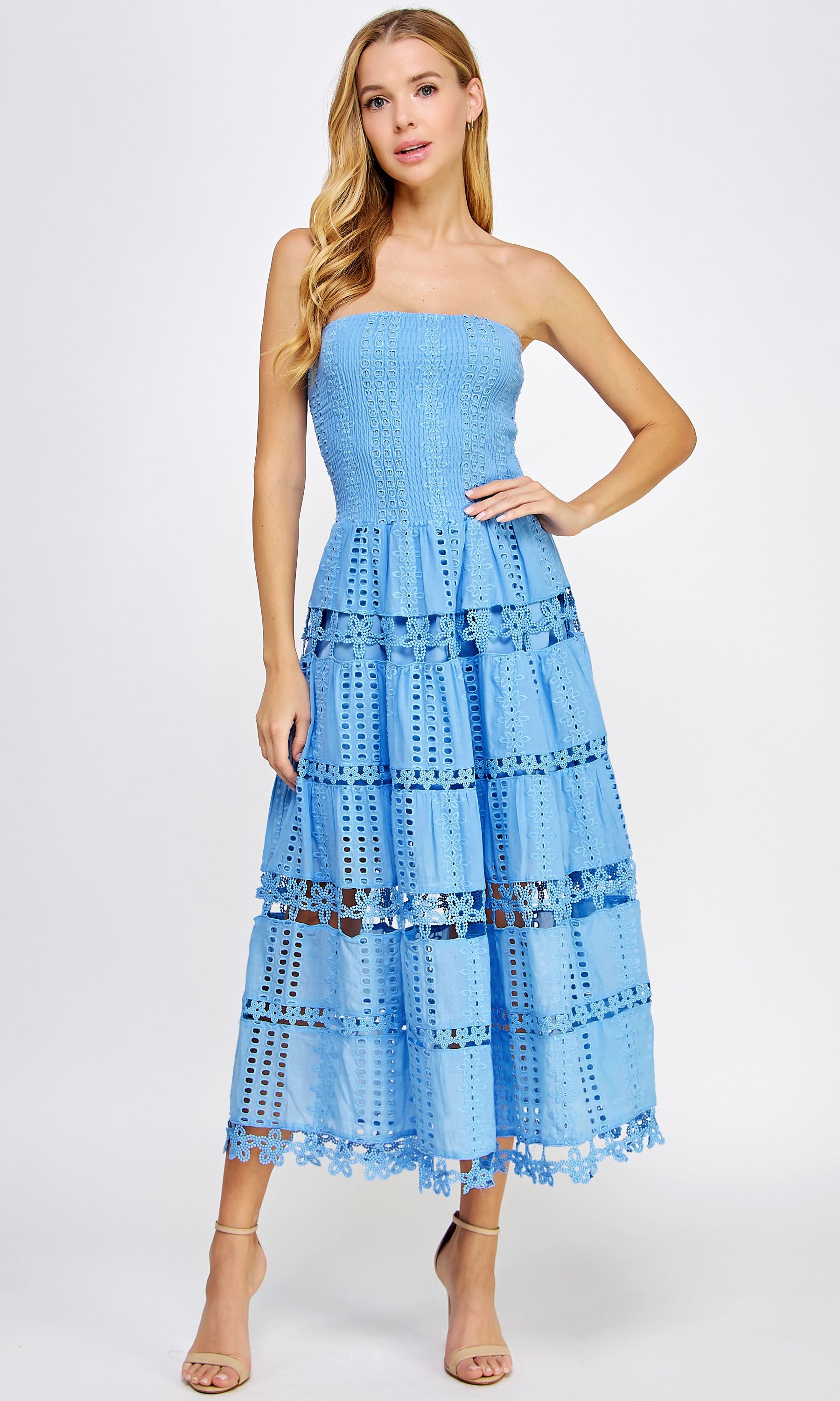 eyelet smocked tube dress