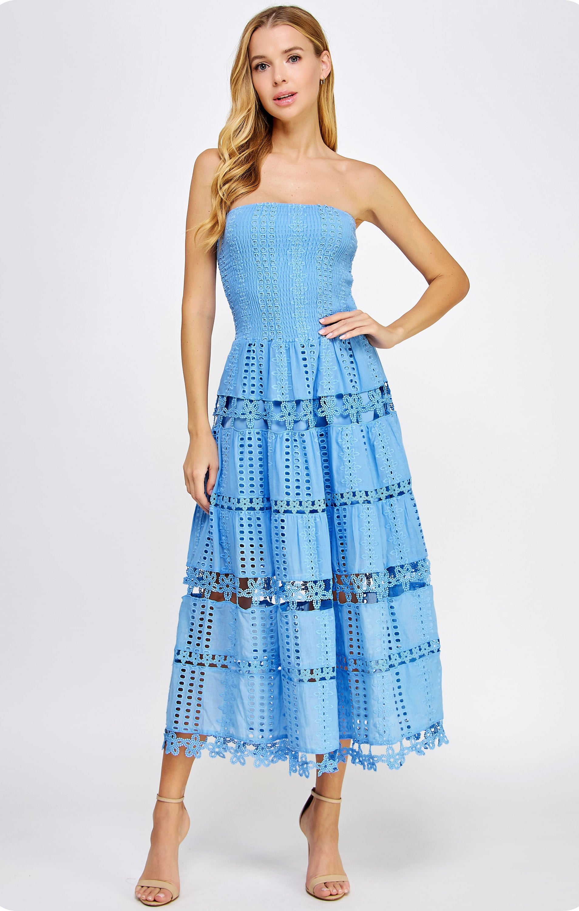 eyelet smocked tube dress