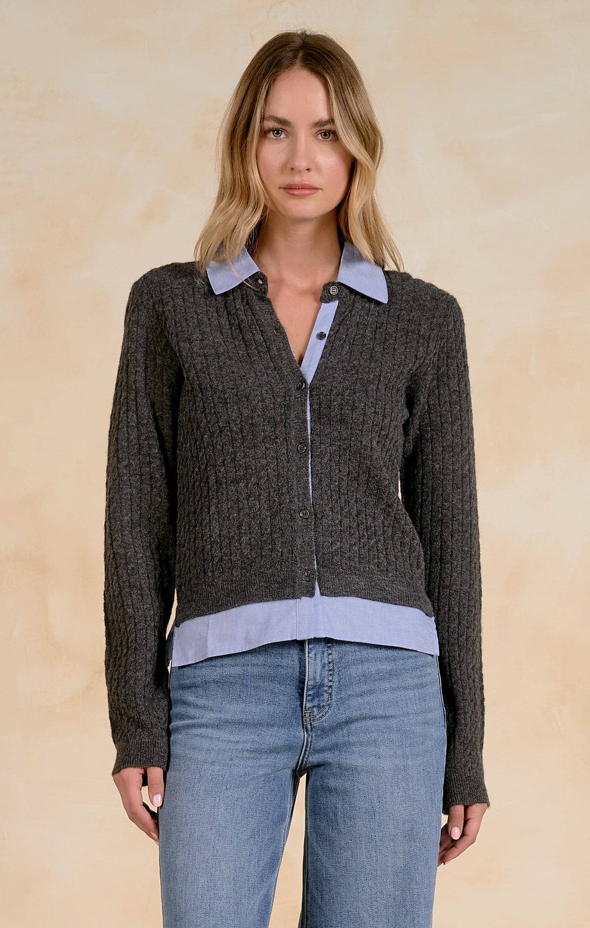 Close-up of the Elan Collared Sweater Cardigan in Tan White.