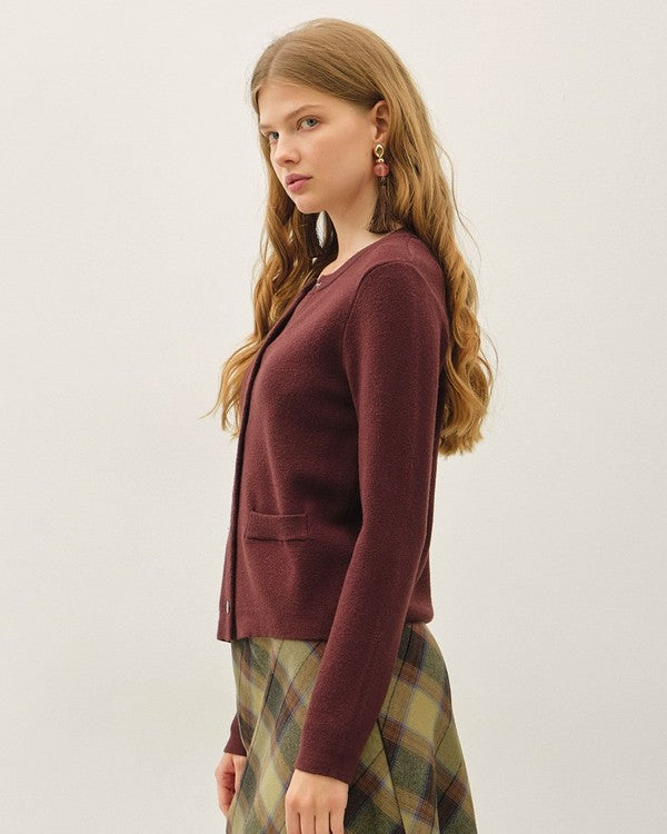 Be Cool Lightweight Crewneck Snap Button Cardigan with Pockets in Choco, side view