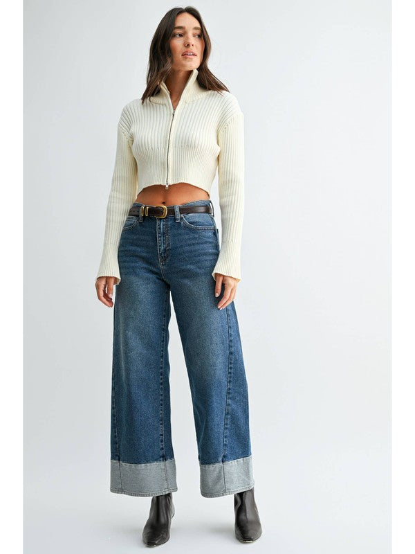 JBD Two Tone Hem Seam Slim Wide Leg in Dark Denim, front view