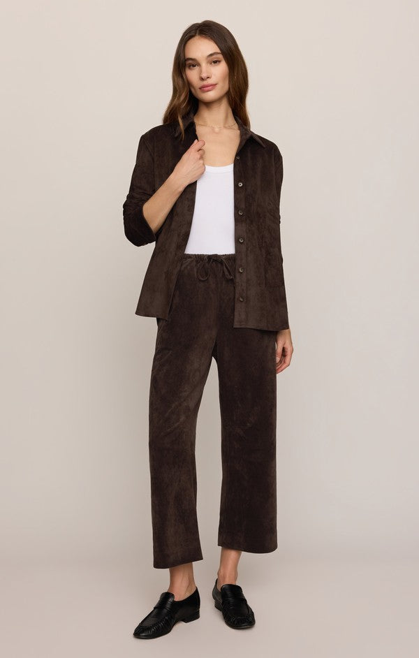 Z Supply Drift Suede Pant in Dark Roast, styled with a matching suede shirt, full length front view