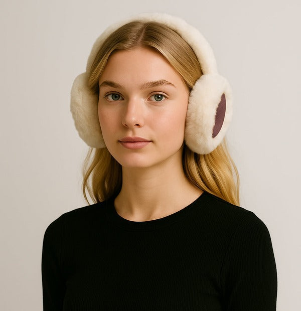 KW Fashion Sherpa Ear Muffs in Brown, front view on model
