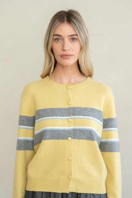 Elle Grey Soft Touch Crew Neck Cardigan in Yellow Combo, front view