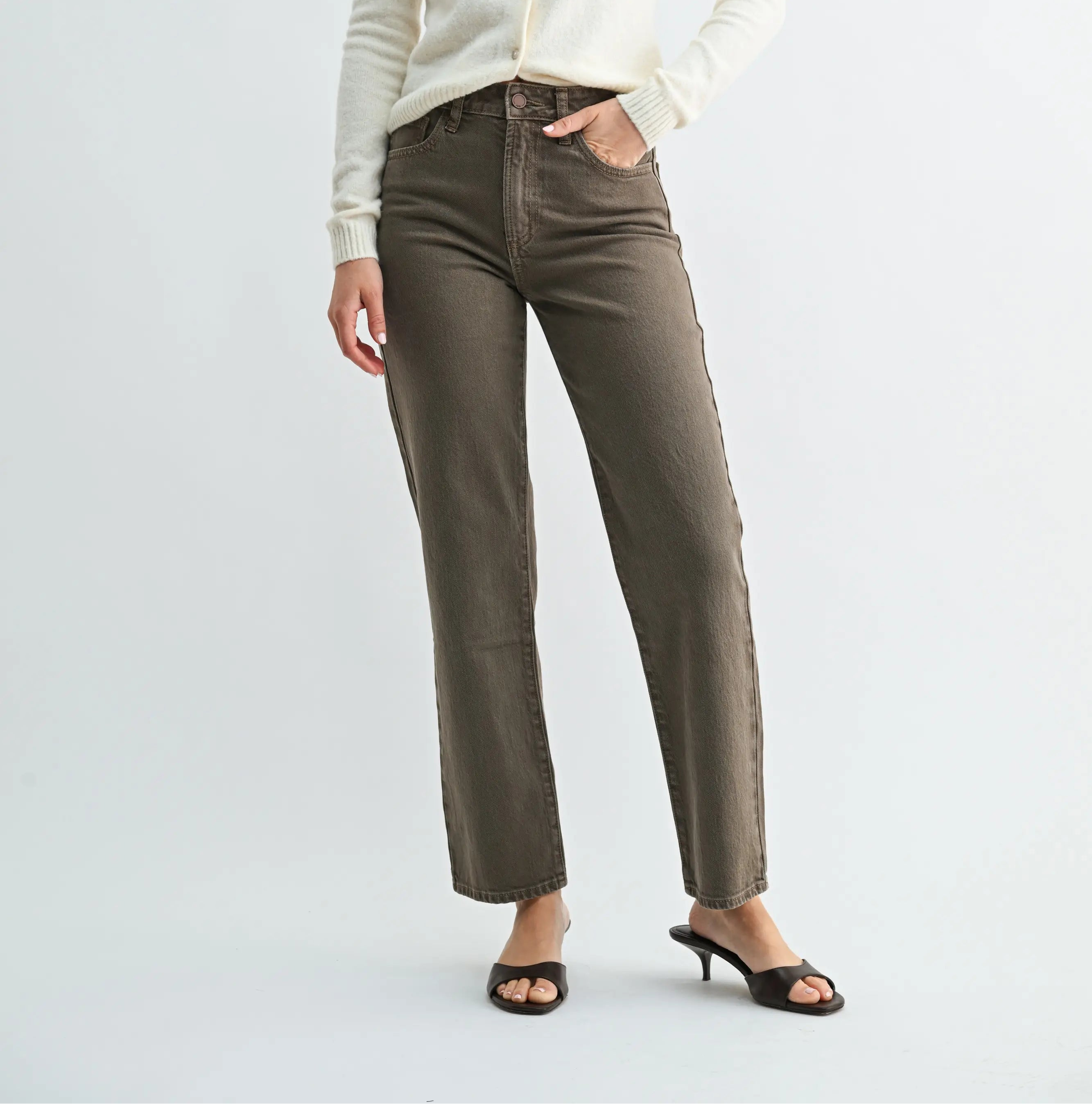 Woman wearing high-rise ankle-length straight-leg jeans with classic five-pocket styling.