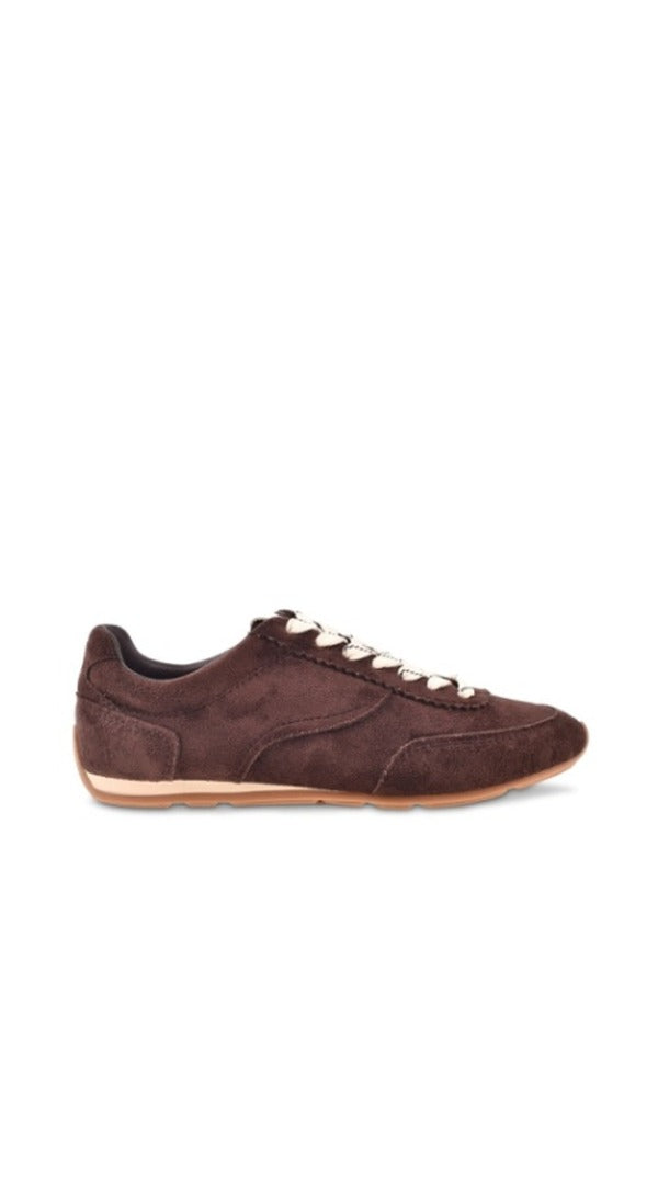 Brown suede lace-up sneaker, side profile view.