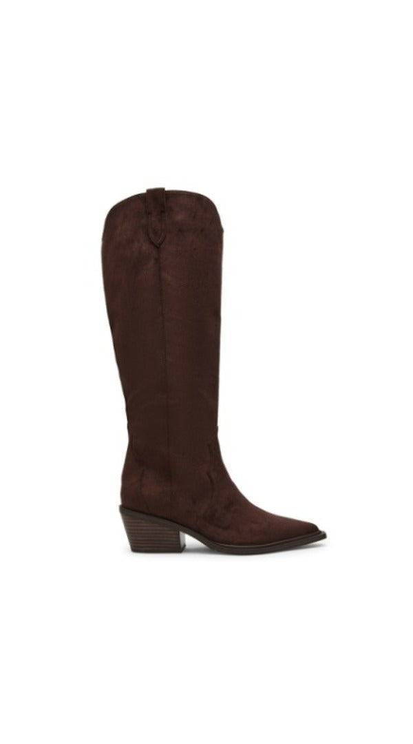 Brown suede knee-high western boot with pointed toe and stacked block heel, side profile on a white background.