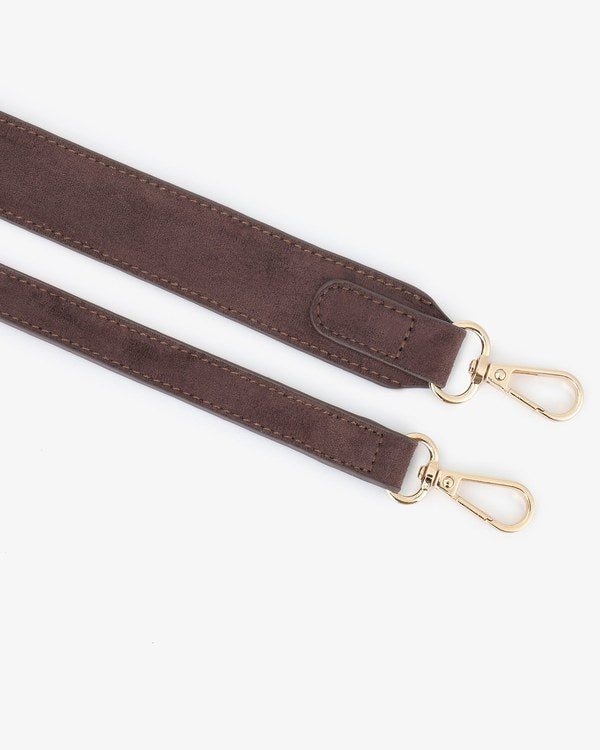 Remi & Reid Hollace Mini Tote Woven Faux Suede in Chocolate, detachable strap detail
