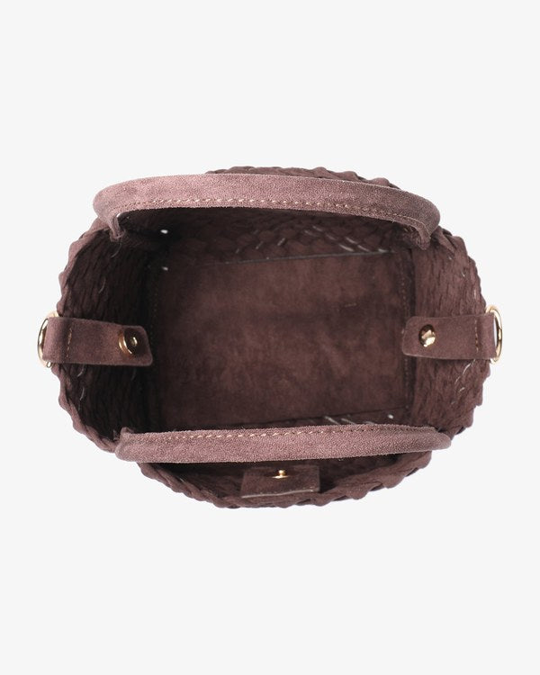 Remi & Reid Hollace Mini Tote Woven Faux Suede in Chocolate, interior view