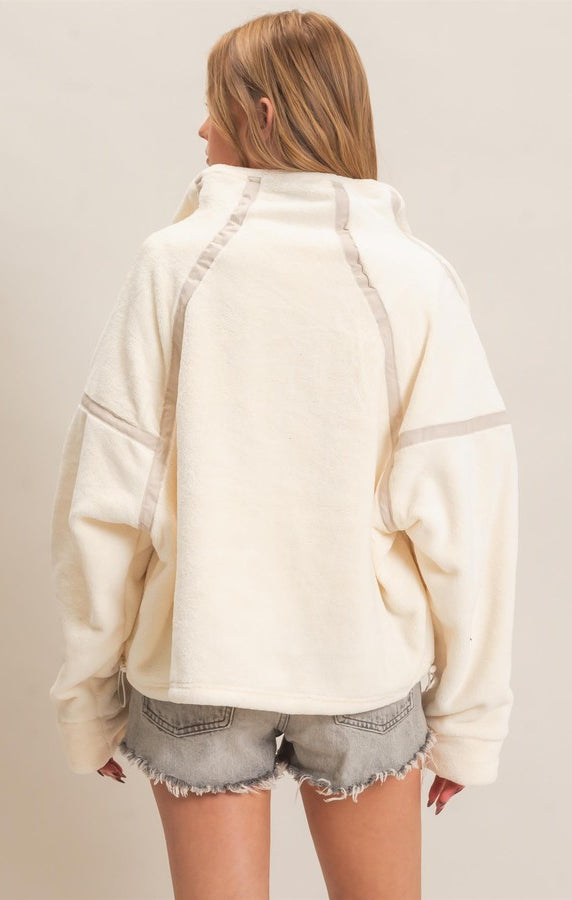 HYFVE Quarter Zip Fuzzy Pullover in Ivory, back view