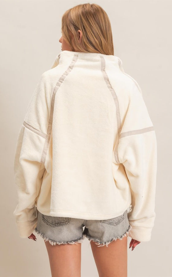 HYFVE Quarter Zip Fuzzy Pullover in Ivory, back view