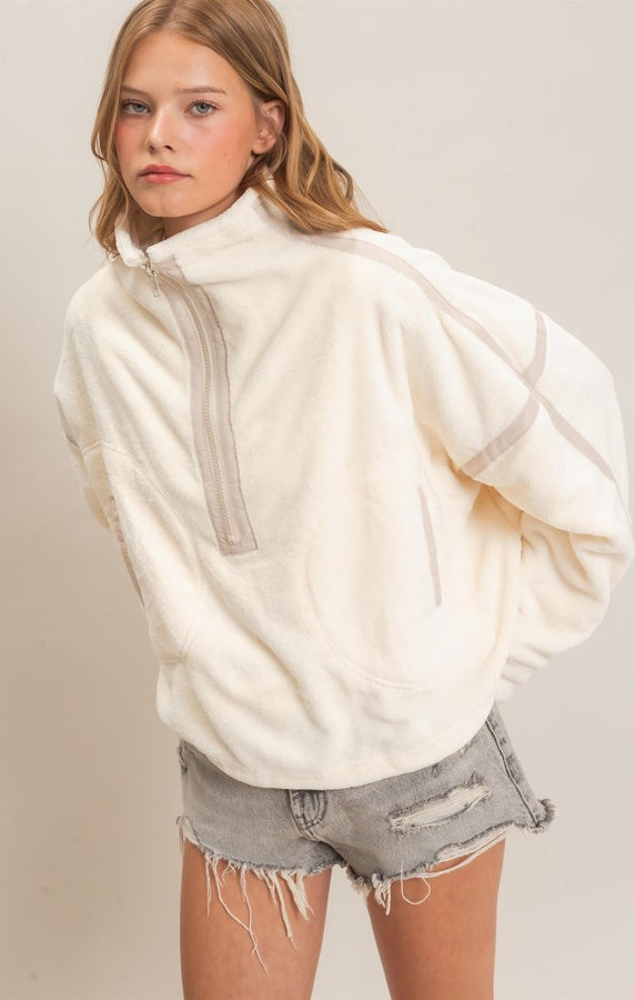HYFVE Quarter Zip Fuzzy Pullover in Ivory, front view