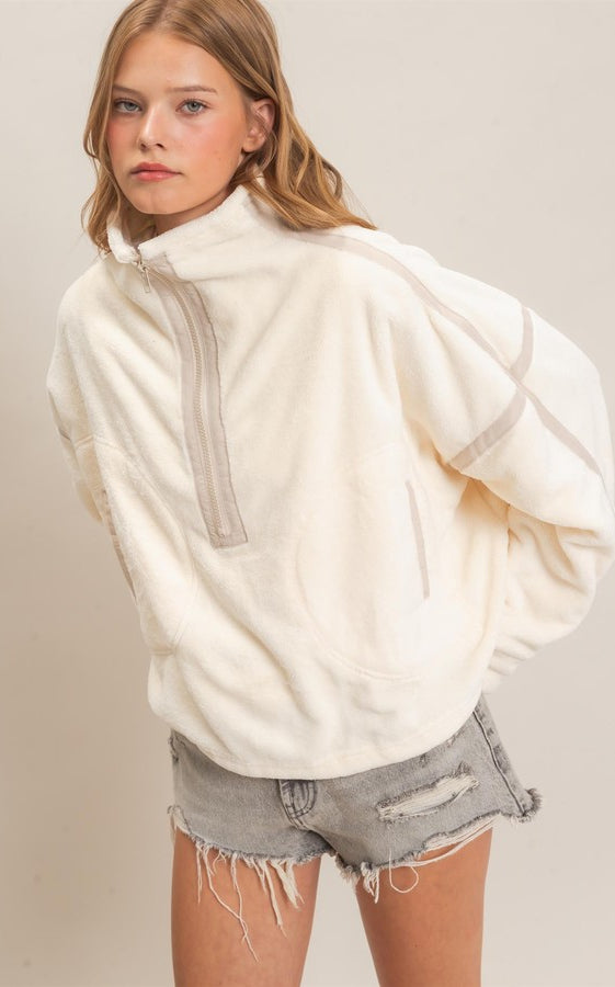 HYFVE Quarter Zip Fuzzy Pullover in Ivory, front view