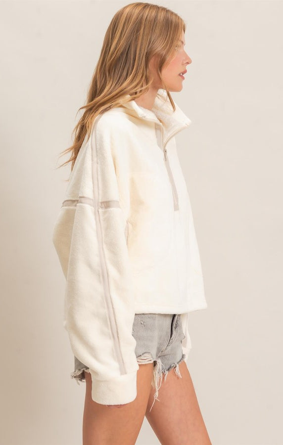 HYFVE Quarter Zip Fuzzy Pullover in Ivory, side view