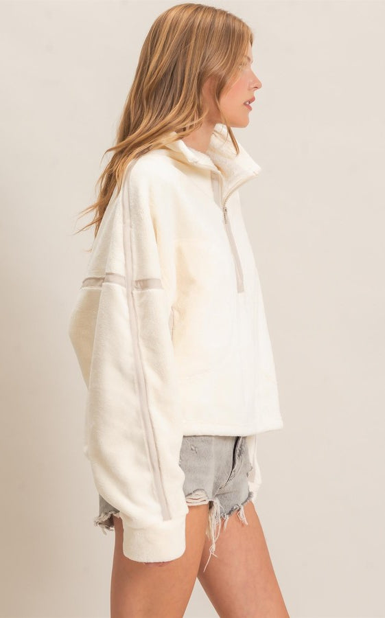 HYFVE Quarter Zip Fuzzy Pullover in Ivory, side view