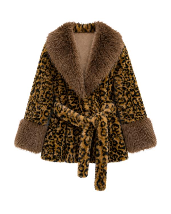 KW Fashion Leopard Faux Fur Coat in Brown, front flat lay view