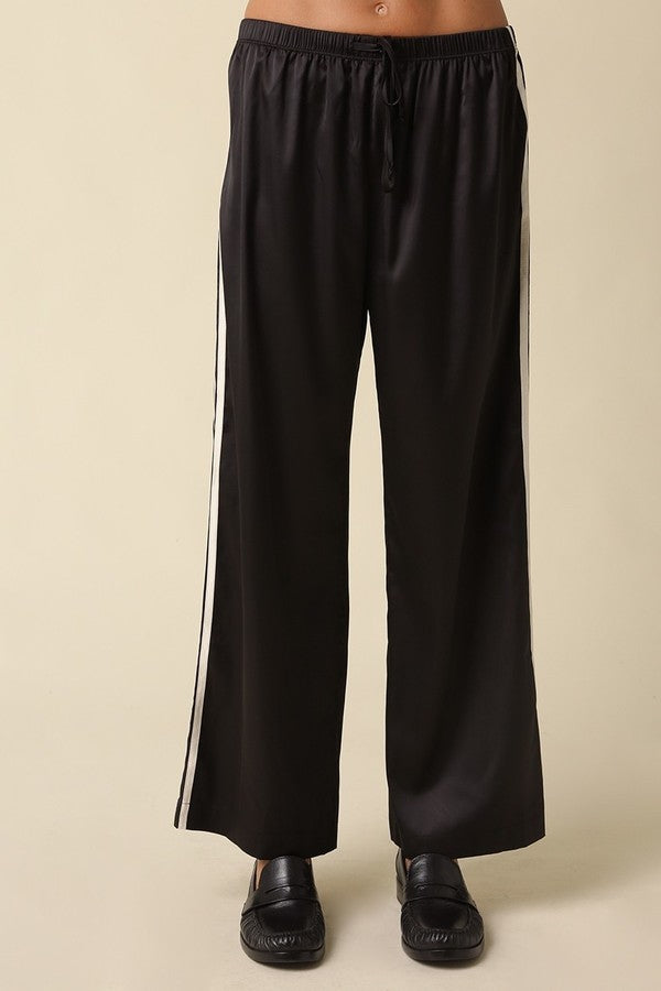 Olivaceous Wide Leg Side Stripe Pants in Black Cream, front detail view