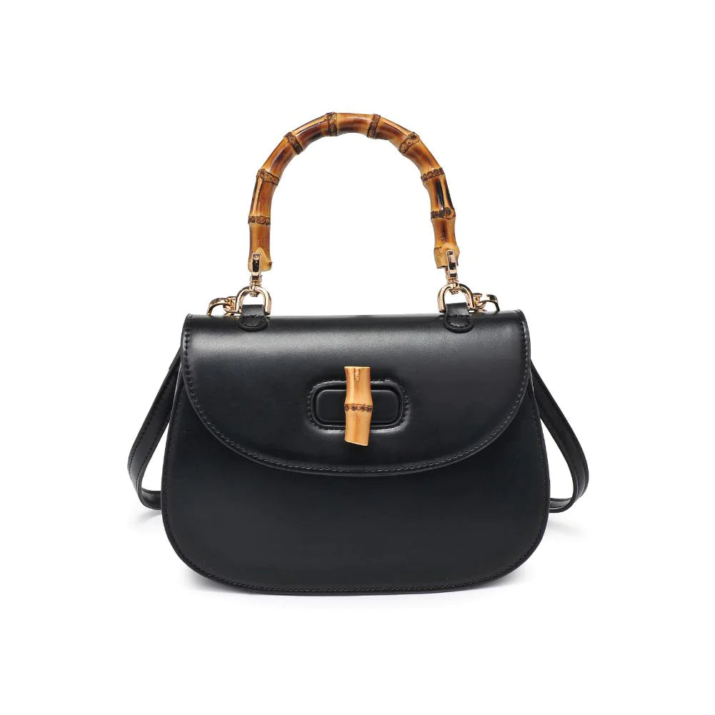 Allison Bamboo Crossbody Black. Crafted from smooth vegan leather, this bag features a sophisticated faux bamboo top handle and gold hardware for that touch of luxury. With an adjustable/detachable strap and a thoughtfully lined interior, it's not just a bag; it's a statement piece that keeps you organized on the go.
