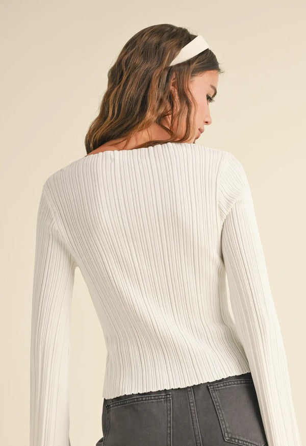 Miou Muse Ribbed Long Sleeve Knitted Top in Off White, back view