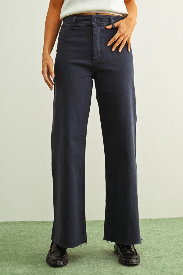 Miou Muse Straight Wide Leg Denim Pants in Navy, front view