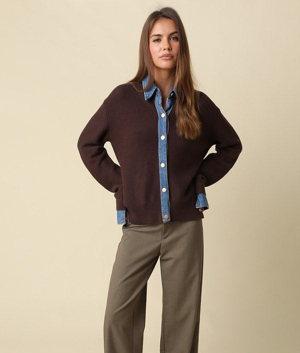 olivaceous Denim Contrast Sweater in Brown Denim, full front view