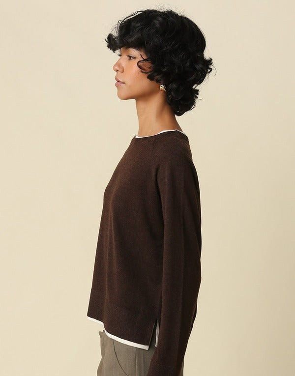 Olivaceous Double Layer Crewneck Sweater in Brown Ivory, side view